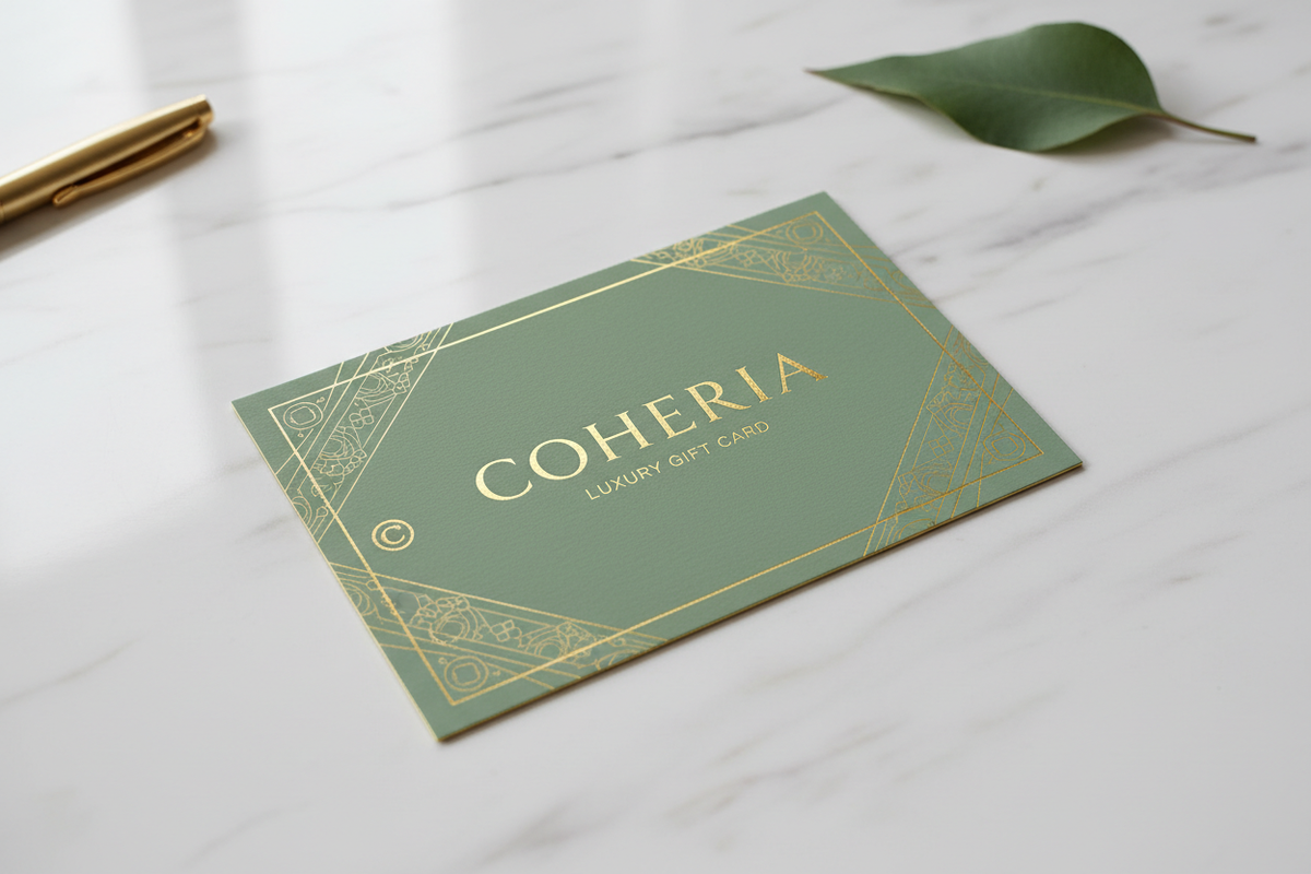 with sage green brand color - the gift card being put on the desk