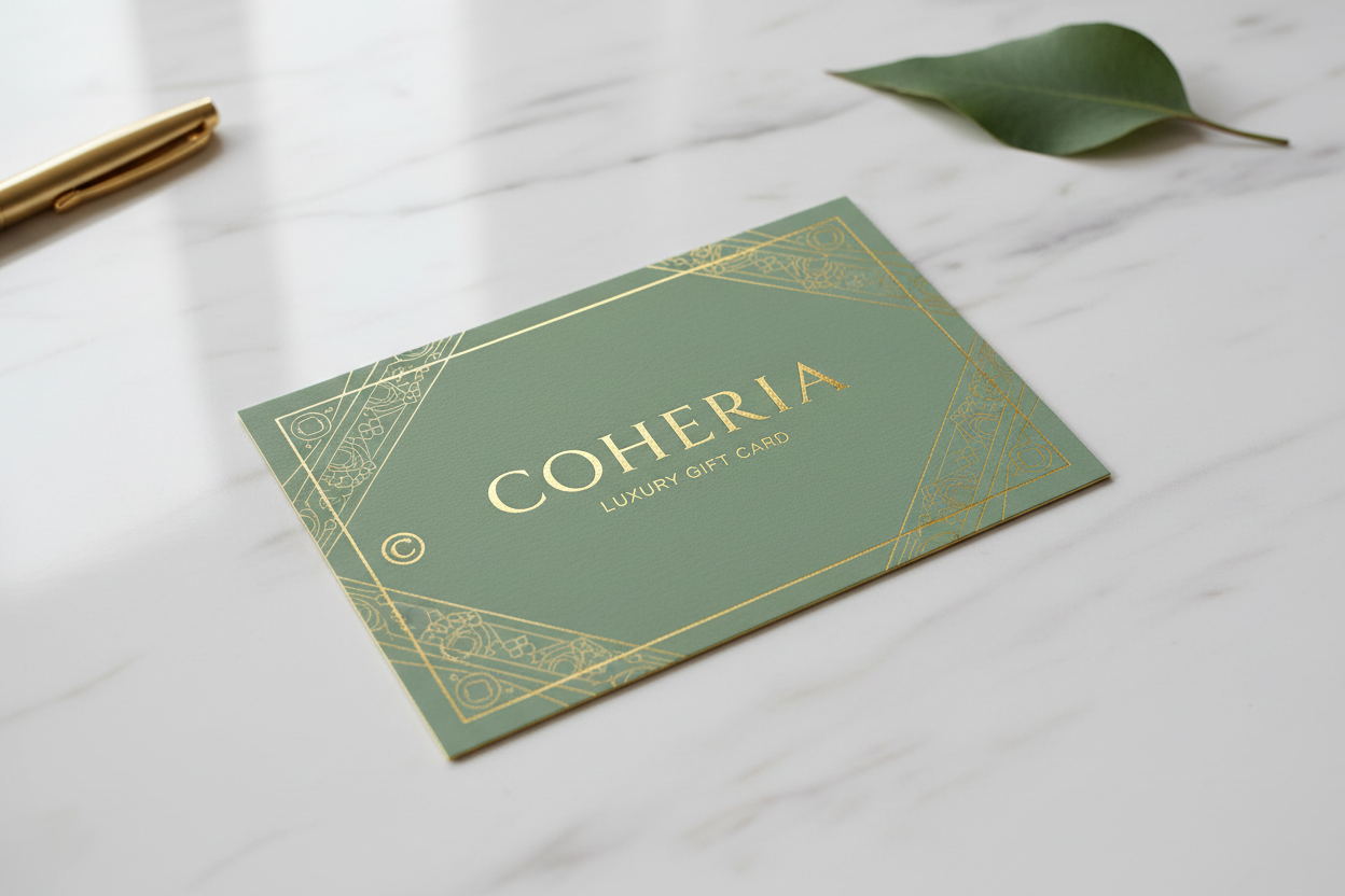 with sage green brand color - the gift card being put on the desk